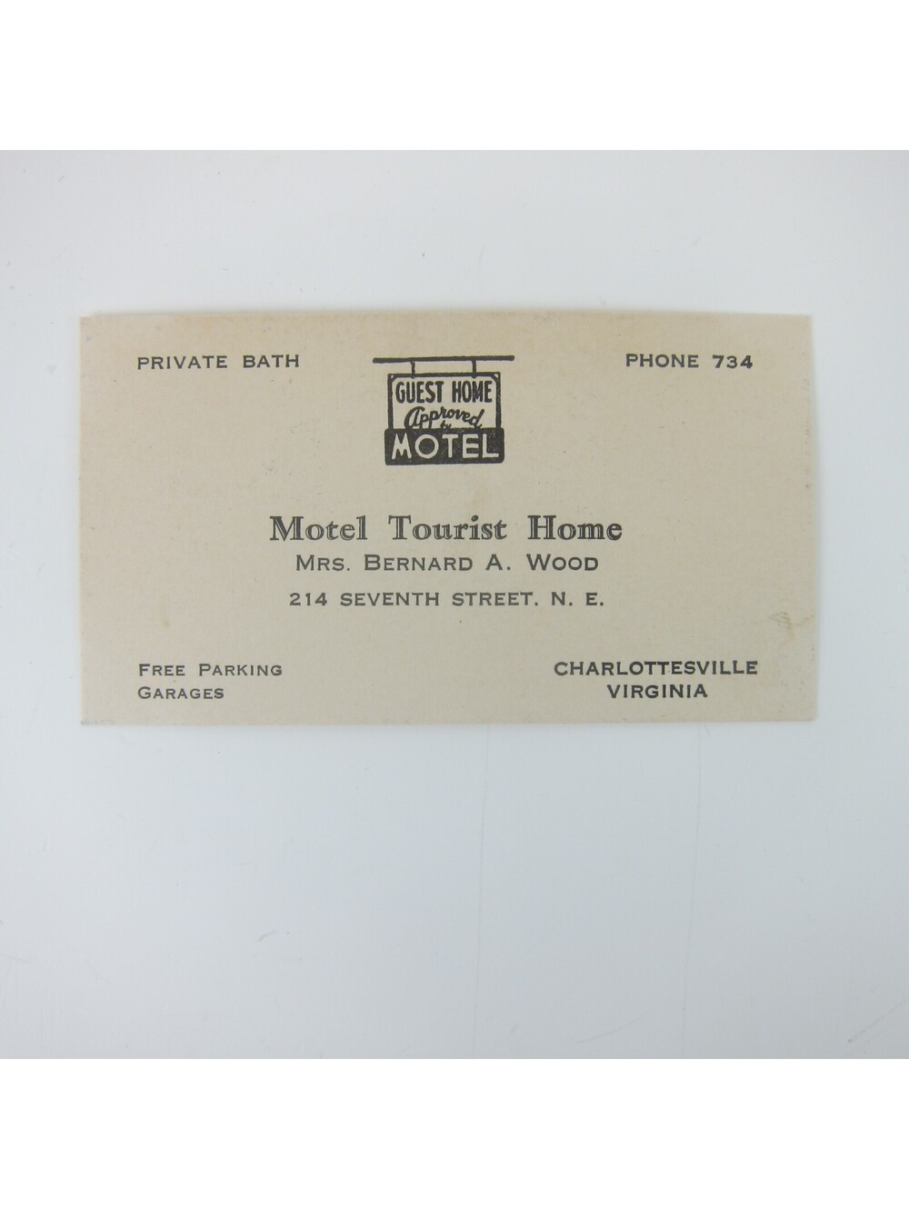1941 Business Card Motel Tourist Home Charlottesville Virginia Mrs. Bernard Wood